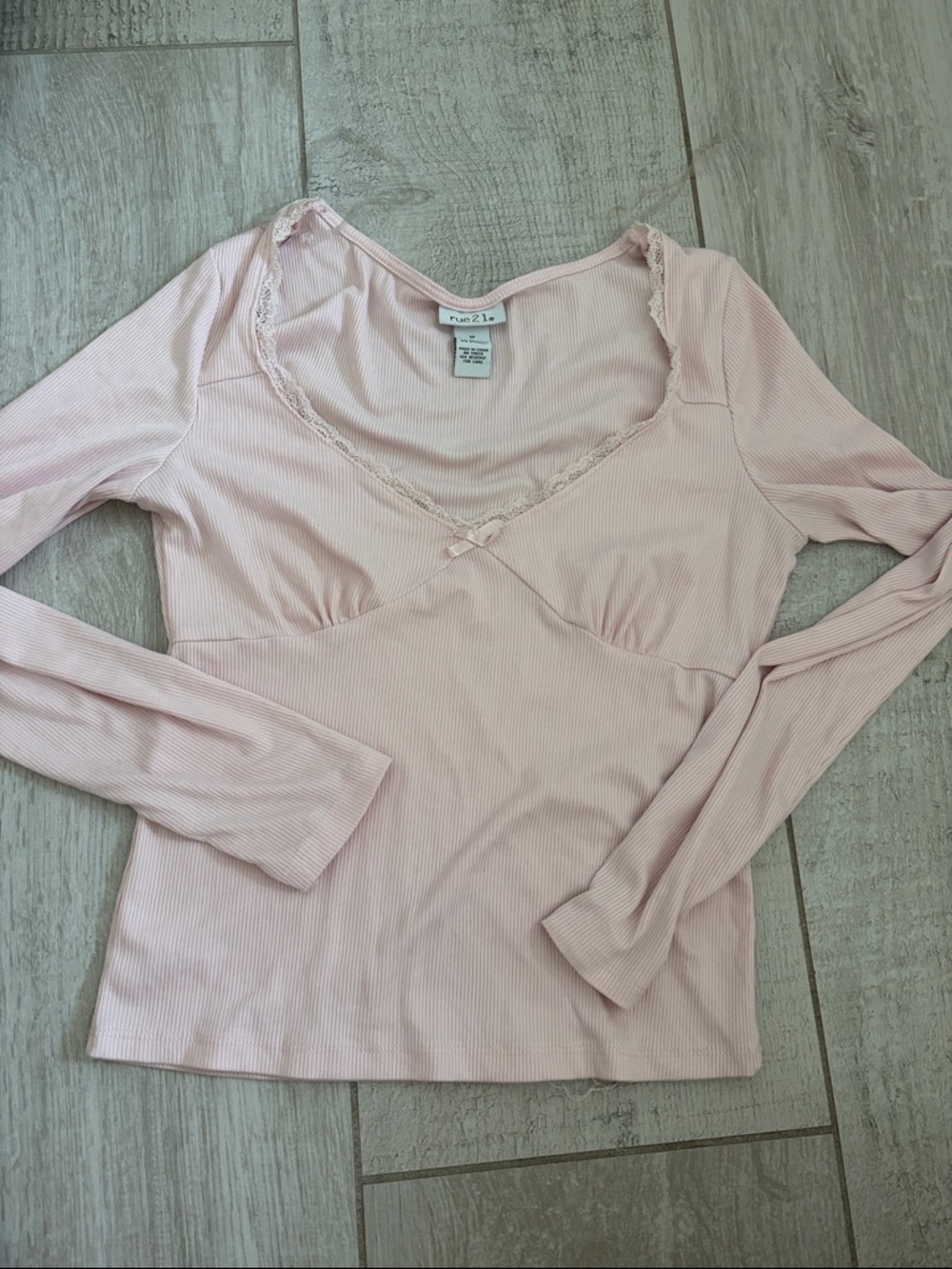 Rue21 Ribbed Lace-Trim Long Sleeve Top - Pale Pink